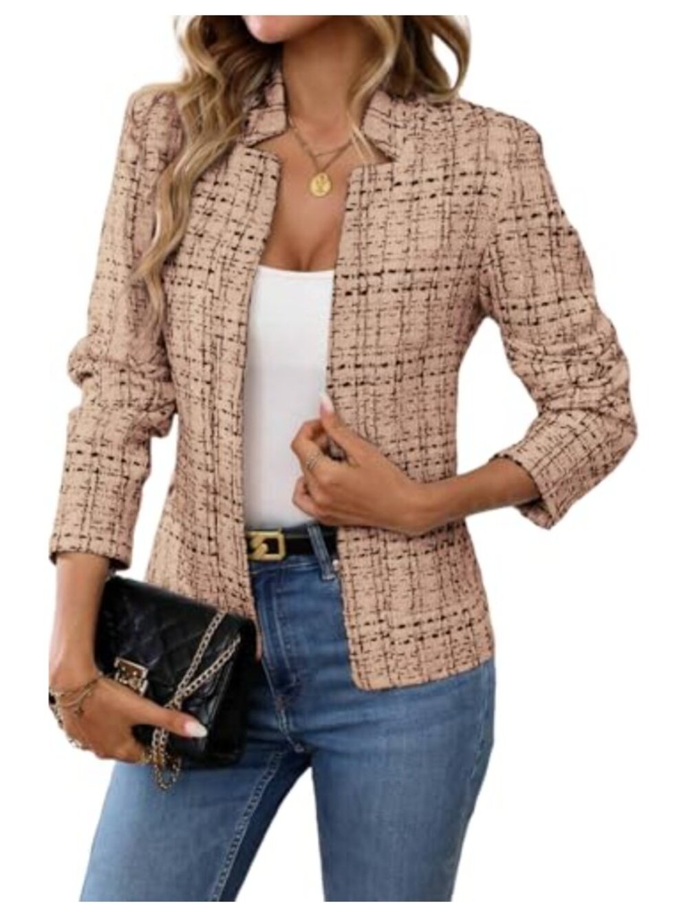 Women's Tweed Open Front Blazer Long Sleeve Slim Fit Notch Collar